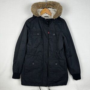 Levi Strauss Womens Utility Jacket Size Small Black Sherpa Fleece Lined Fur Hood